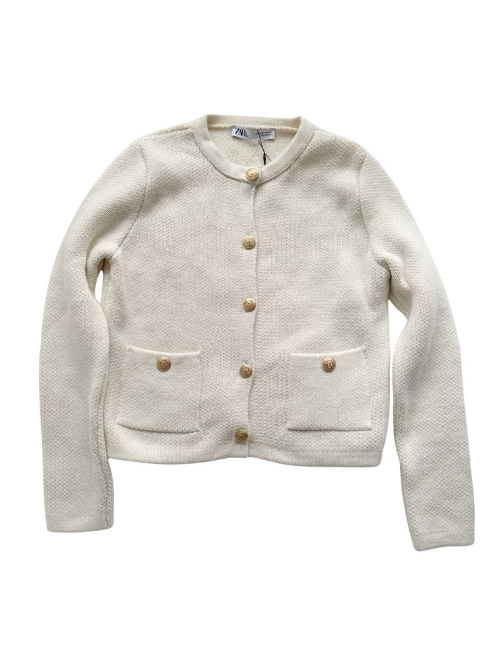 ZARA Cream Textured Lady Knit Cardigan with Gold Buttons